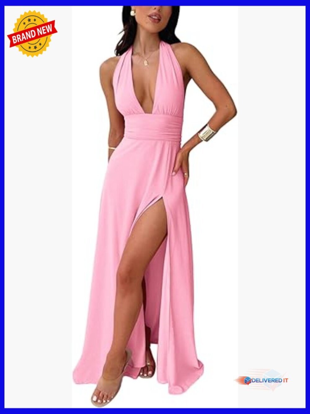 Sexy Halter Maxi Dress Deep V Neck Backless Split Long Sleeveless